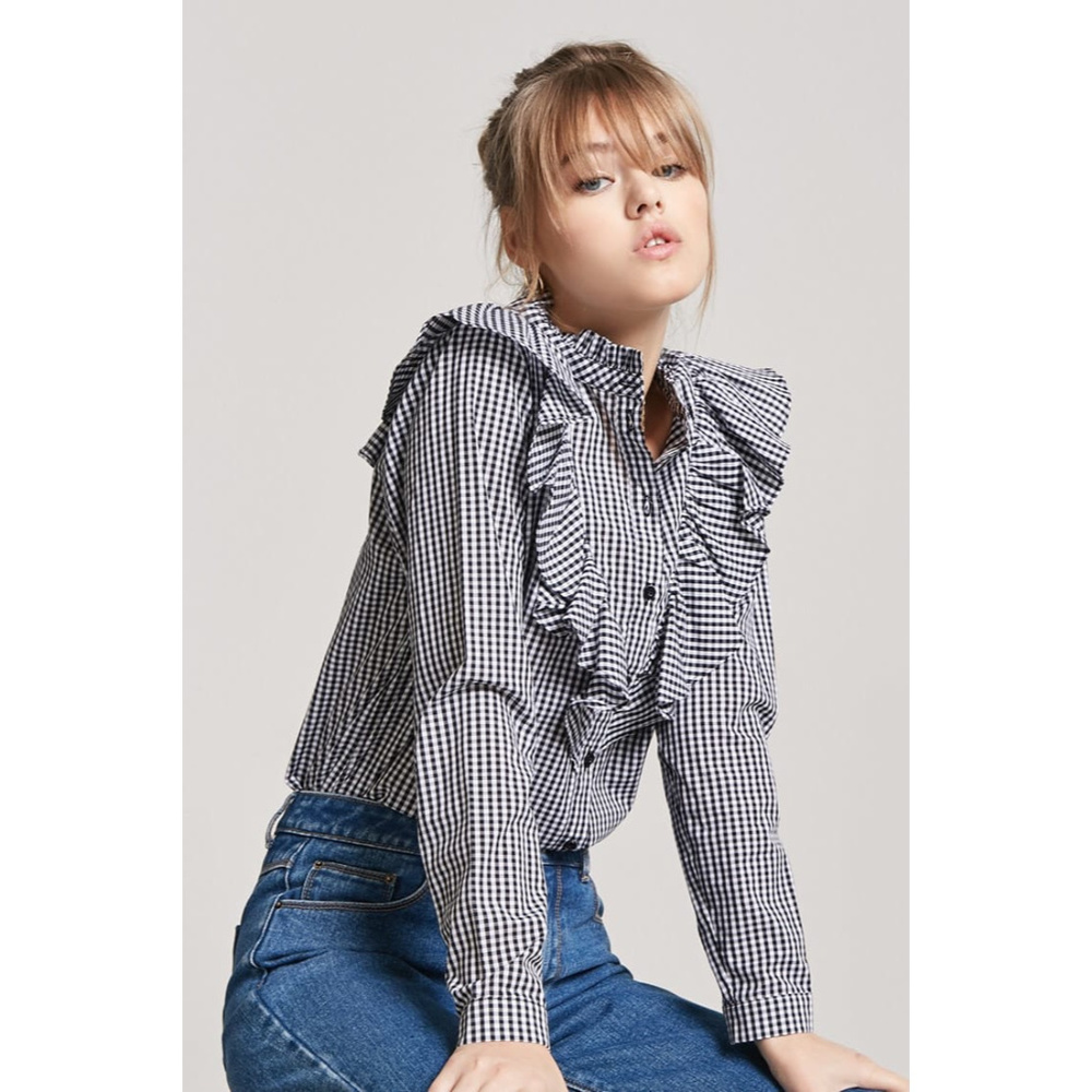 NWT Forever 21 Gingham Ruffle Button-Front Shirt
